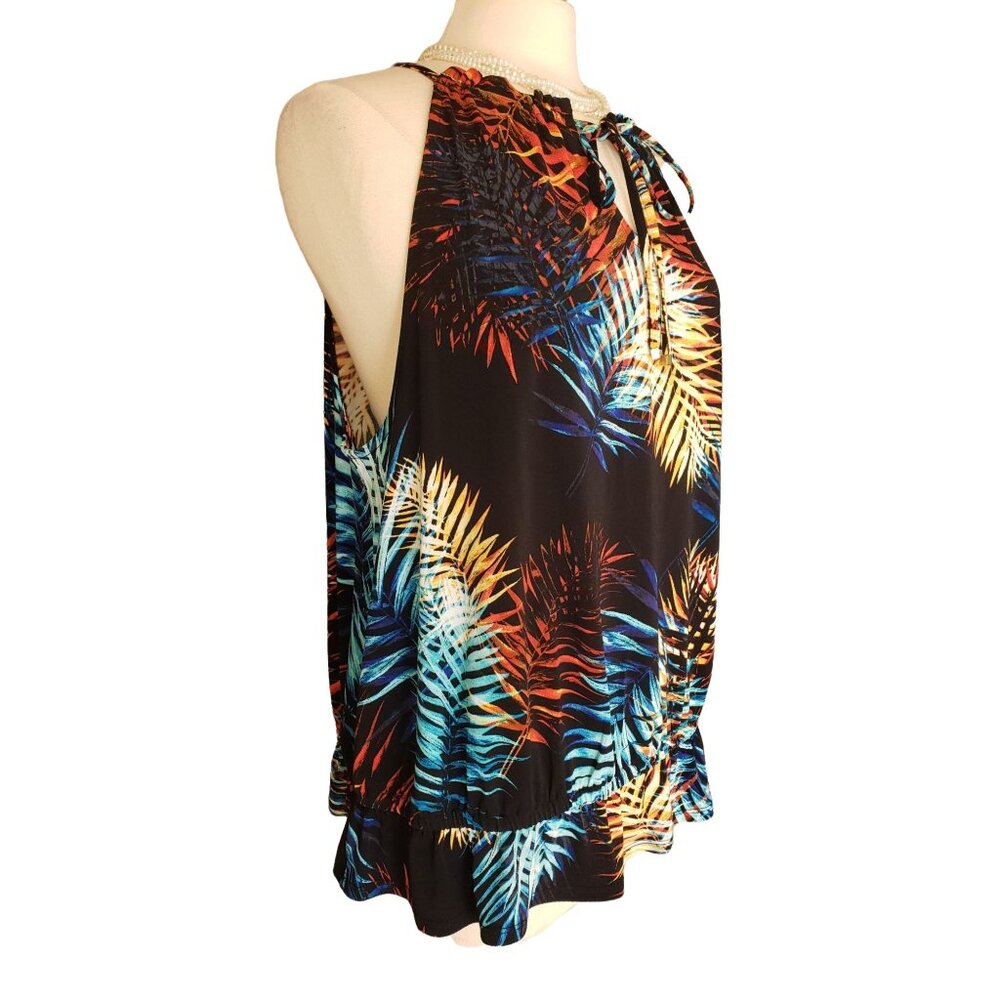 Worthington Womens XL Sleeveless Blouse Tropical Print Halter Ruffle Tank Boho - Picture 3 of 9